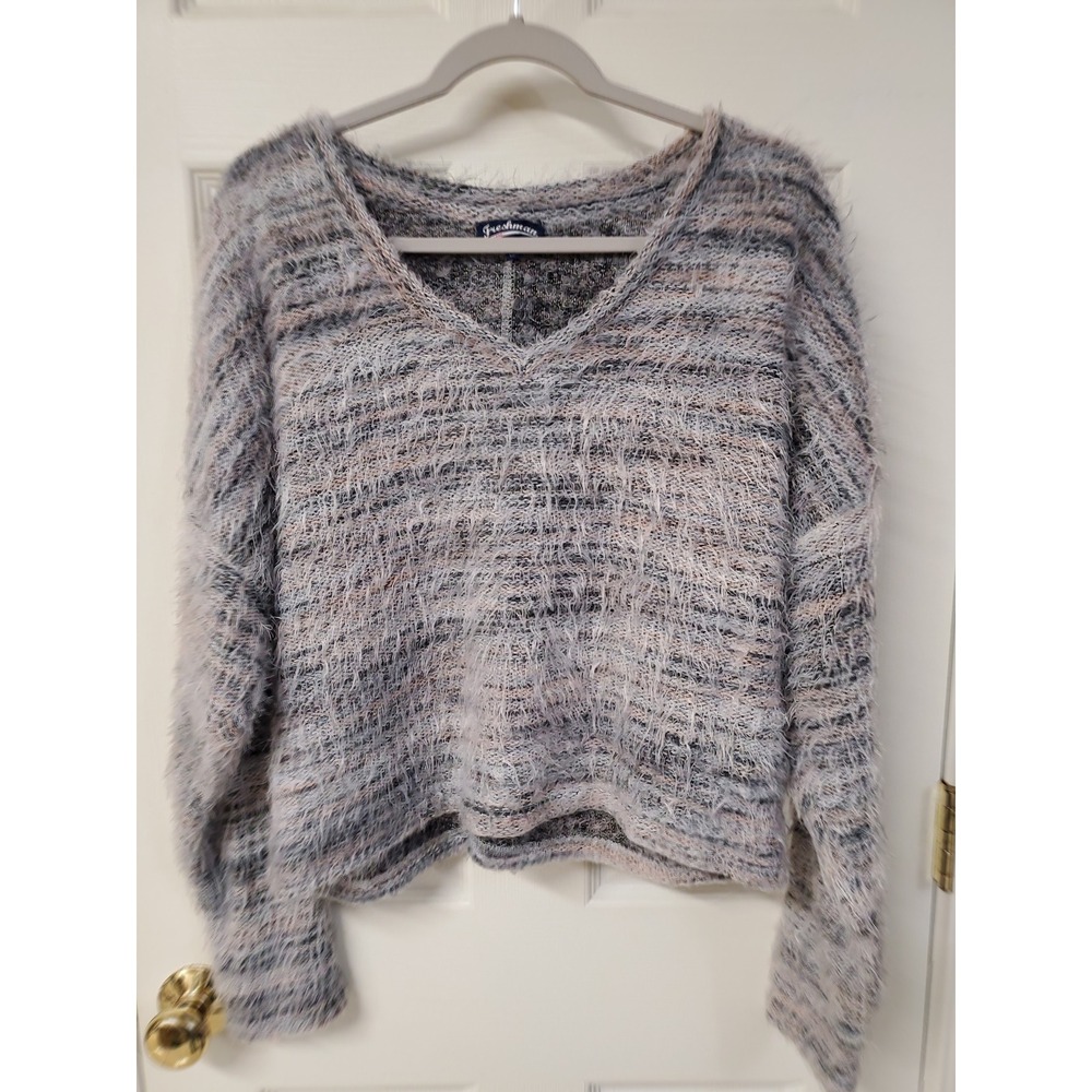 Y2K Freshman 1996 Fuzzy Soft V Neck Sweater Multicolored Cozy Long Sleeve XL